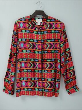 K. Arnold Colorful 100% Silk Blouse with Geometric Stripe Print